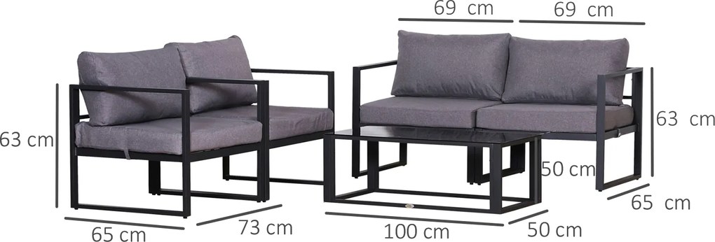 Outsunny Zestaw mebli ogrodowych 4 części sofa dwuosobowa stolik kawowy poduszki szare aluminium | Aosom PL