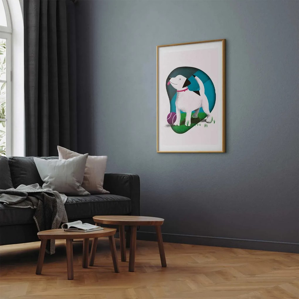 Plakat Pies i piłka 29,7x42 cm z ramą złotą z marginesem ARTGEIST B