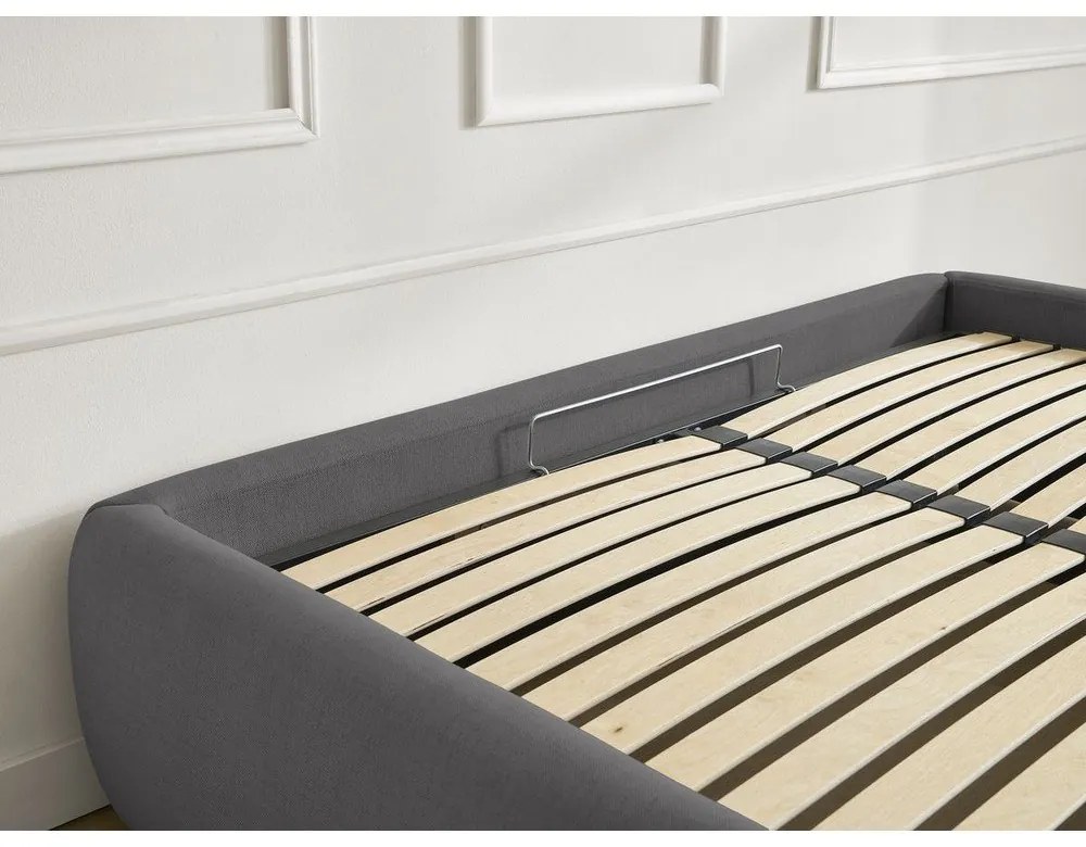 Ciemnoszare tapicerowane łóżko dwuosobowe bez zagłówka ze schowkiem i stelażem 160x200 cm Inera – Bobochic Paris
