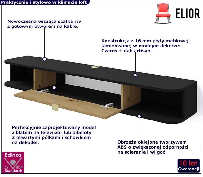 Podwieszana szafka rtv czarny + dąb artisan - Calmero