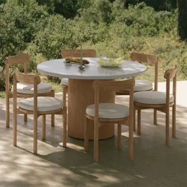 Zestaw Okrągłego Stołu Ø120 Cm Z Cementu Sharpay I 6 Krzeseł Ogrodowych Z Drewna Akacjowego Nualis Jasny Akacjowy Brąz - Sklum