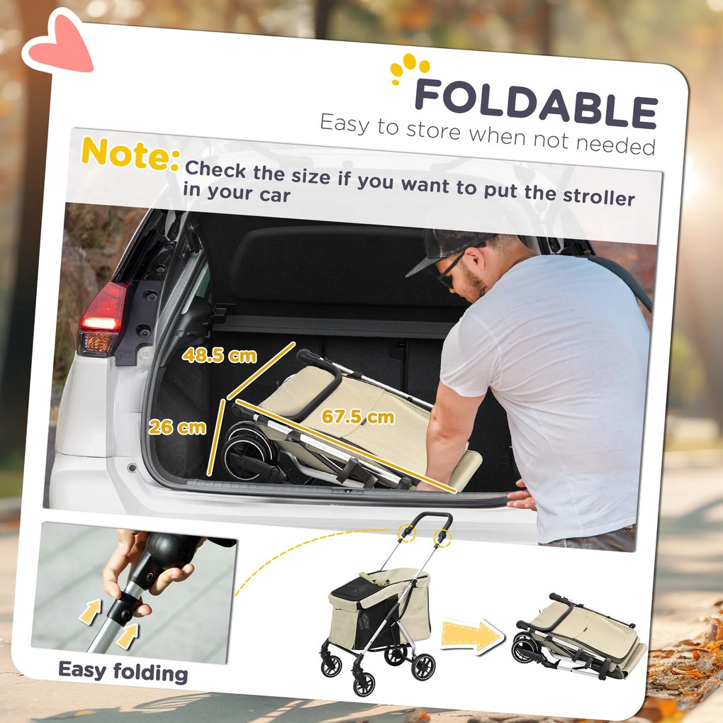 PawHut Wózek dla psów, lekki i składany, z pralną poduszką i oknami z siatek, Khaki