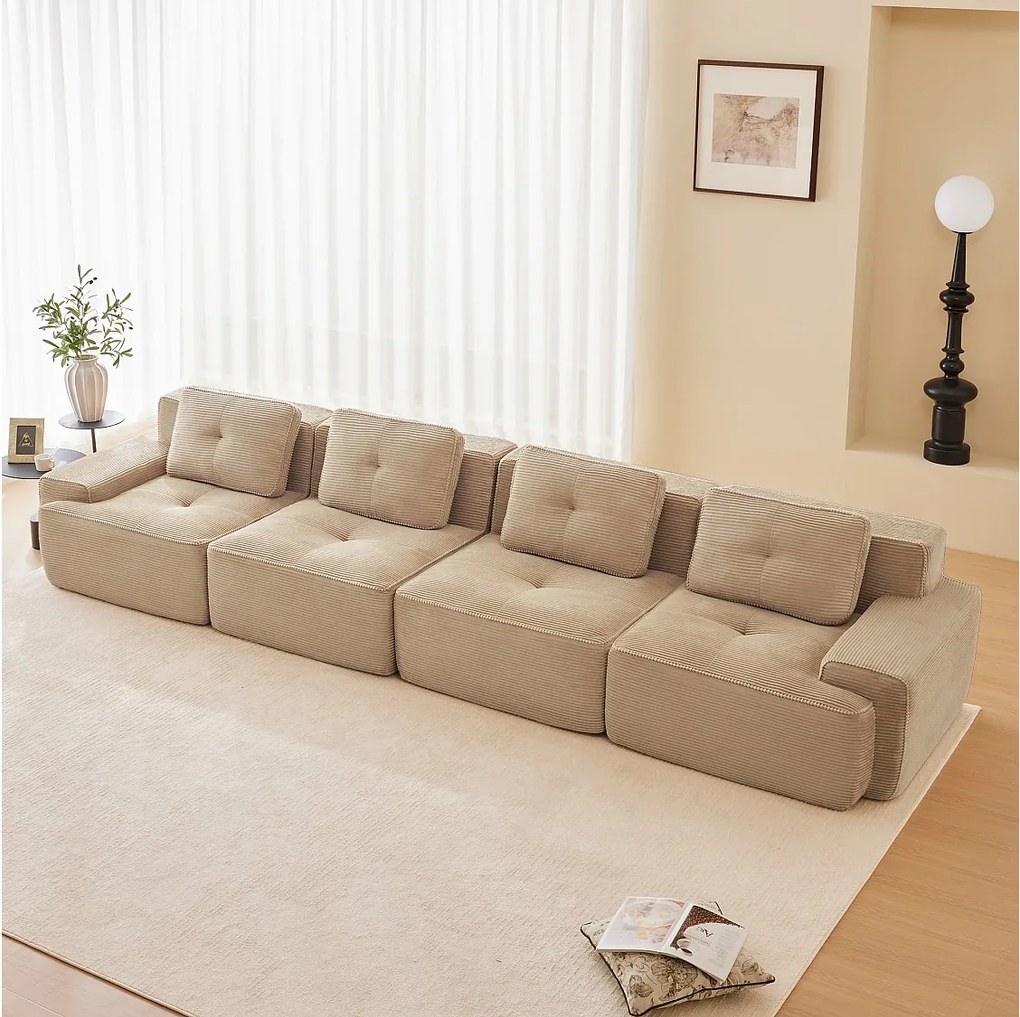 Modułowa Sofa 4-osobowa w Welurze żebrowanym, z 4 poduszkami, 382x104x69cm, Beżowy