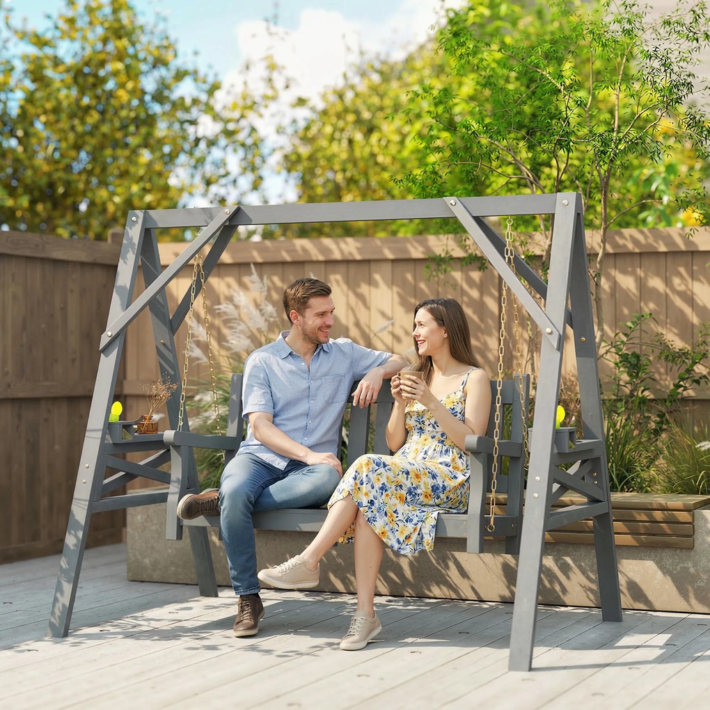 Outsunny 2-osobowa huśtawka ogrodowa z drewna, ławka bujana z półkami, uchwytami na napoje i łańcuchami, szara | Aosom PL