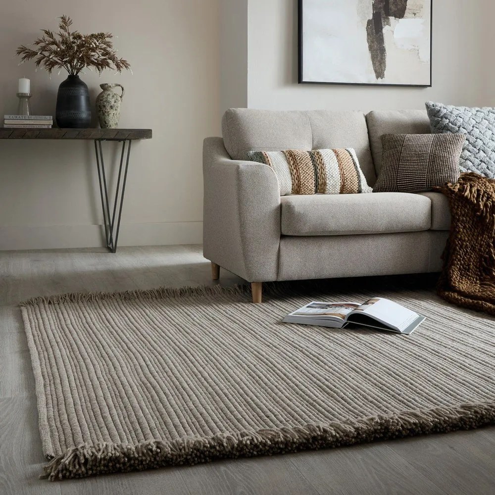 Szary dywan z mieszanki wełny tkany ręcznie 200x290 cm Rene Fringed Ribbed – Flair Rugs