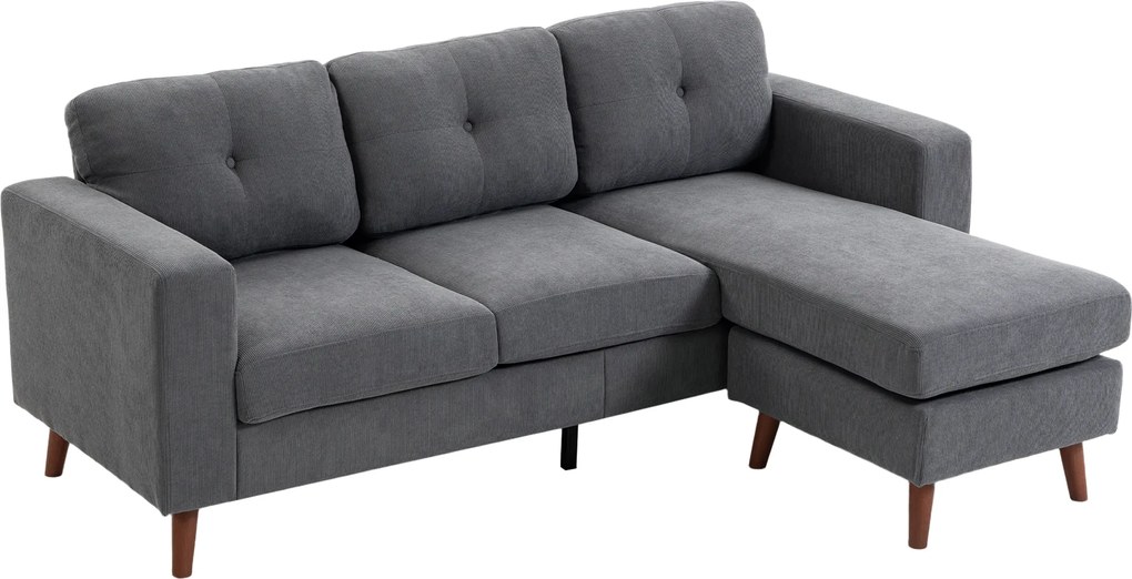 HOMCOM Sofa narożna 192 cm w kształcie L 3-osobowa z odwracalną szezlongą, wygląd sztruksu, do małego pomieszczenia, Ciemnoszary | Aosom PL