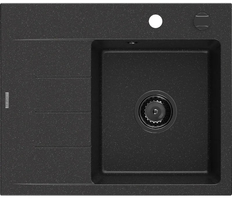 Mexen Ben zlewozmywak granitowy 1-komorowy z ociekaczem, prawy 600x500 mm, czarny/srebrny metalik syfon czarny - 6523605000-73-B