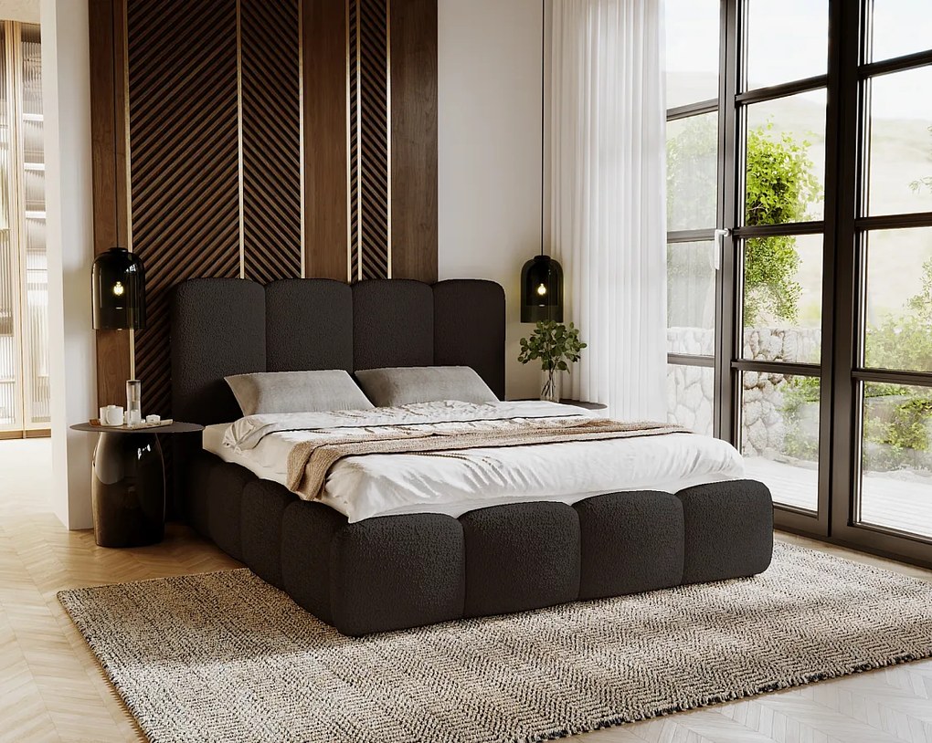 Emporius Merkad Boucle łóżko tapicerowane 180x200 - łóżko z pojemnikiem, gruba pianka, stelaż - elegancki design, tkanina boucle, czarny (Anthology 19)