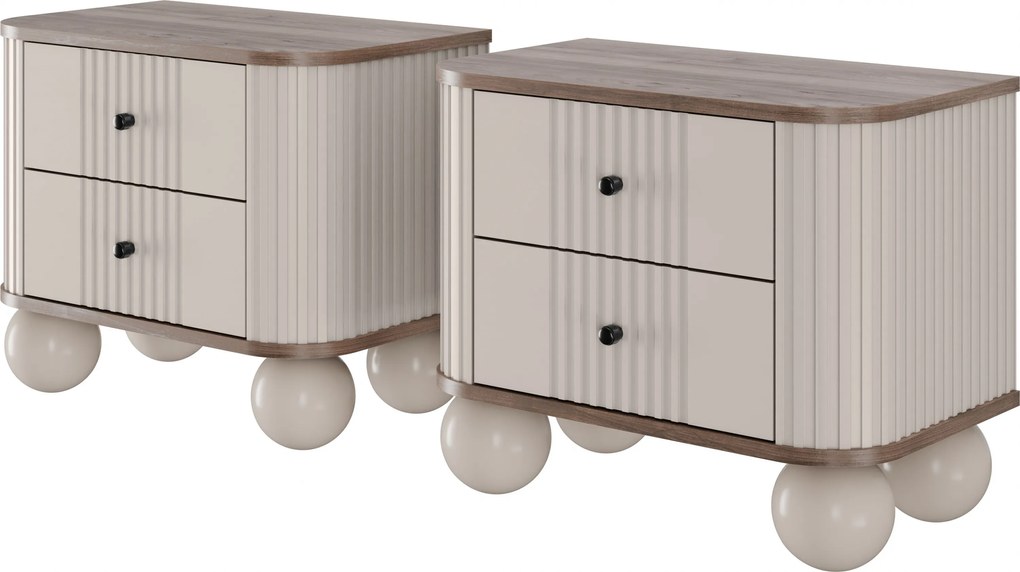 Zestaw szafek nocnych Vesper 56 cm - kaszmir / orzech / czarne uchwyty / nogi kule