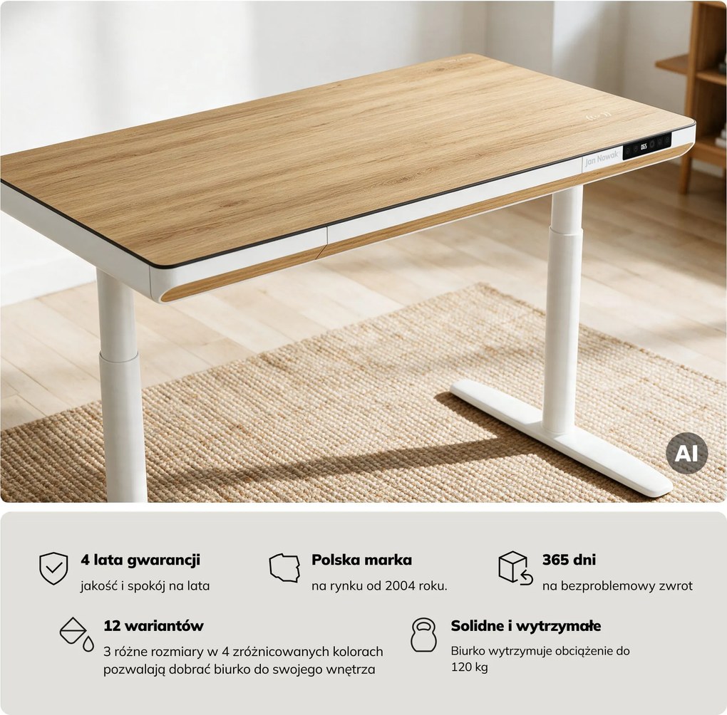 Biurko elektryczne sit-stand z szufladą i ładowarką bezprzewodową Qi białe/złoty dąb, 1200 mm: ELLIS