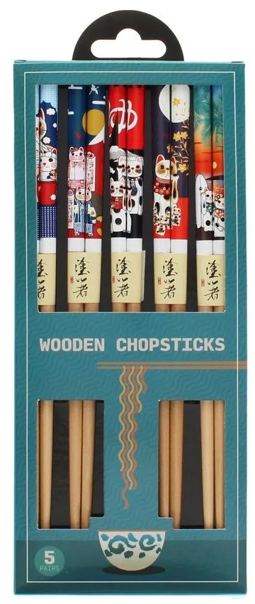 Drewniany zestaw pałeczek w naturalnym kolorze 5 szt. Beckoning Cats – Rex London