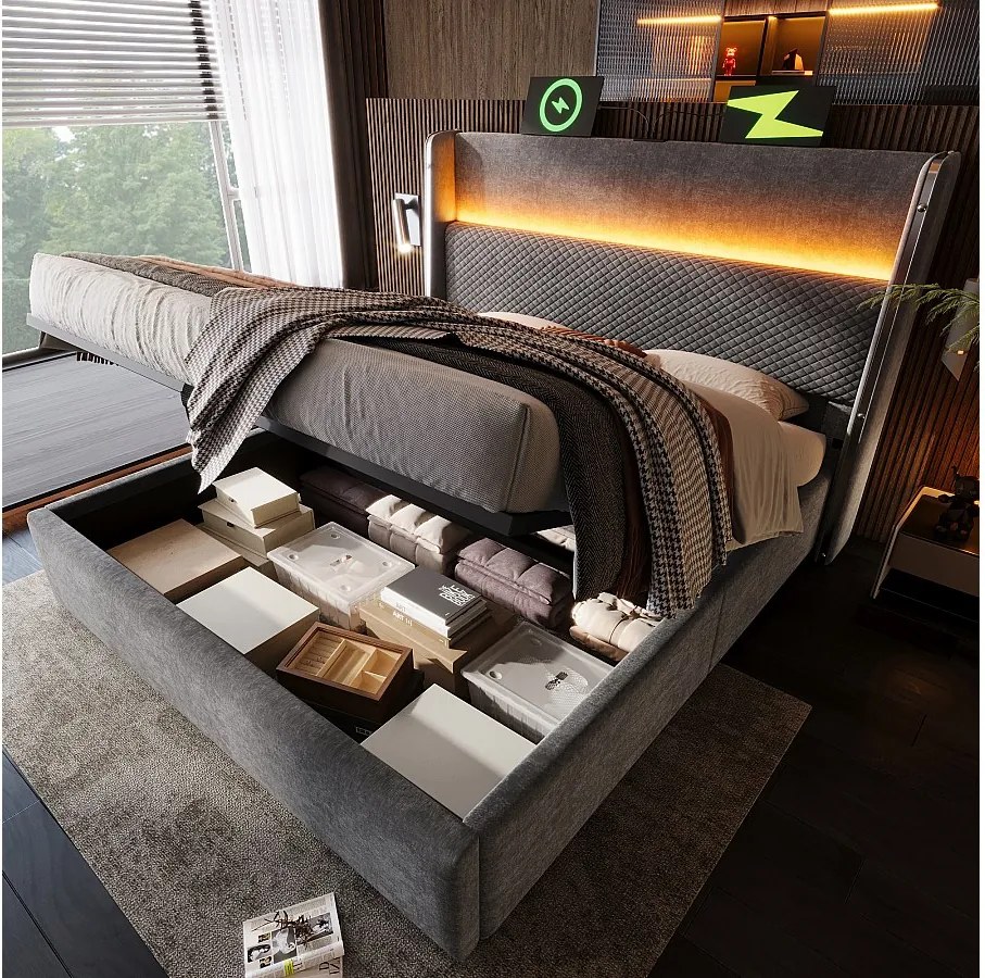 Łóżko z pojemnikiem 180x200 cm Łóżko podwójne z USB i LED, tapicerowany zagłówek - szary len (bez materaca)