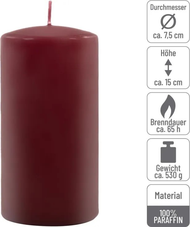 Zestaw świec słupkowych, 15 cm, Ø 7,5 cm, bordowy, 2 sztuki.