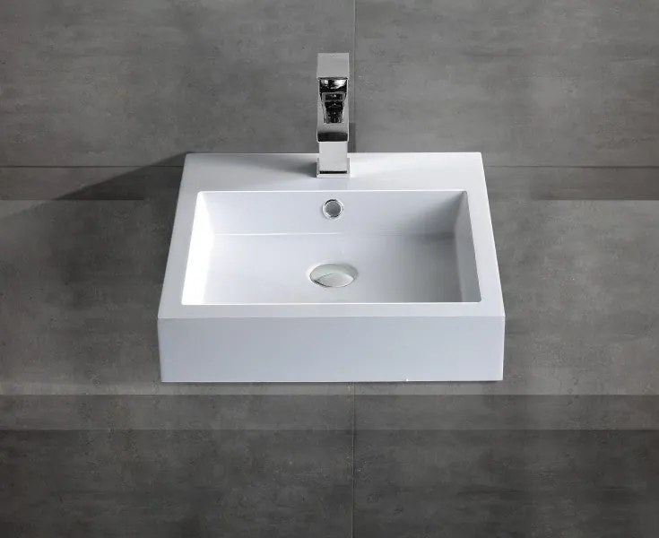Umywalka ścienna nablatowa BS6050Odlew marmurowy - Błyszczący biały - 45 x 45 x 12,5 cm