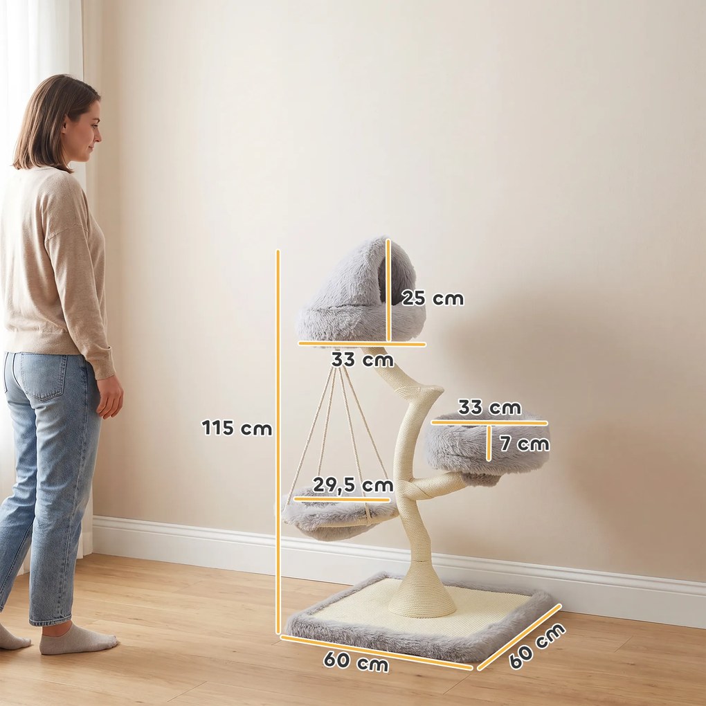 PawHut Drapak 115 cm wys. w kształcie drzewa, 2 zdejmowane legowiska do prania, hamak, słup do drapania z sizalu, dla kotów poniżej 6 kg | Aosom PL