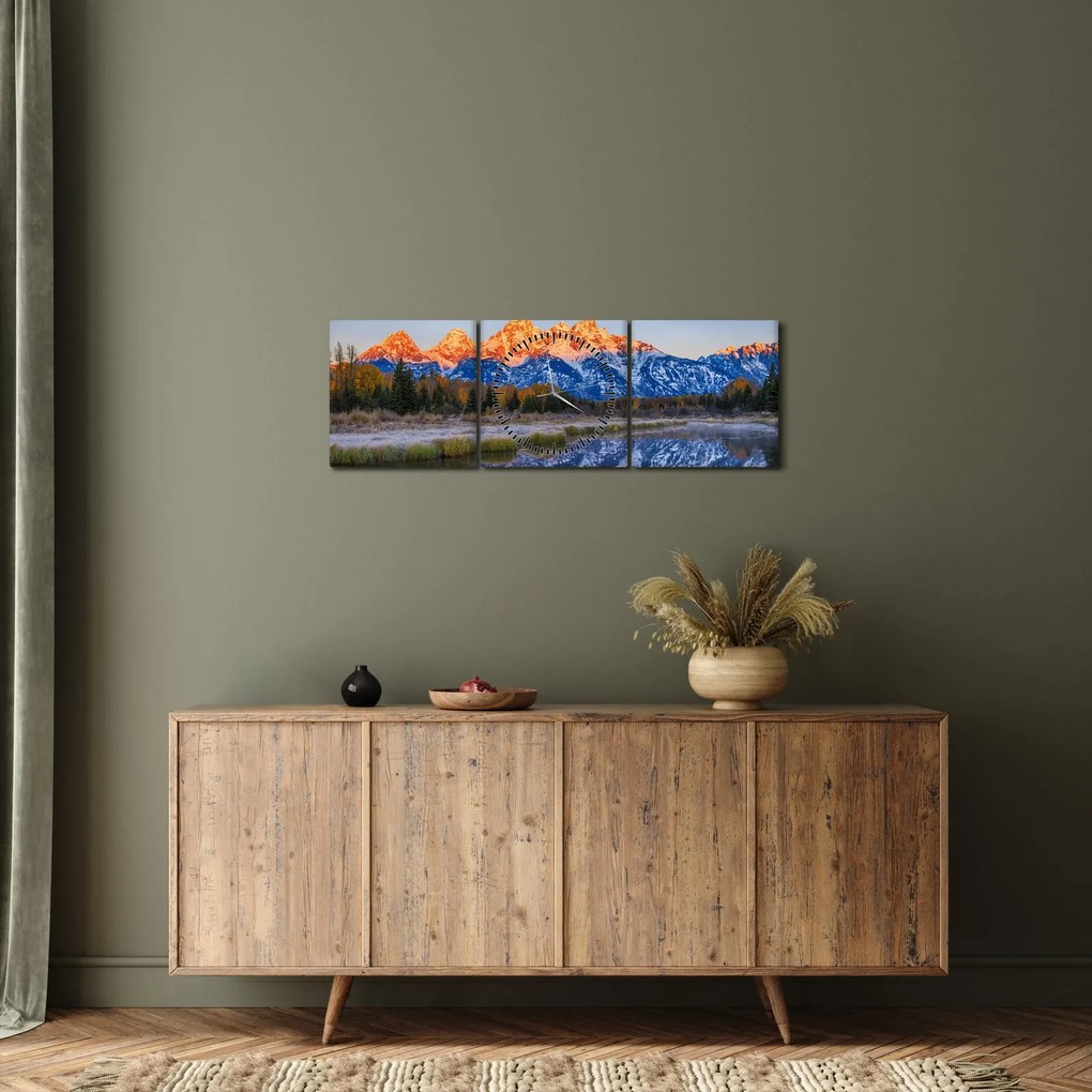 Obraz ośnieżonych szczytów górskich (z zegarem) (90x30 cm)