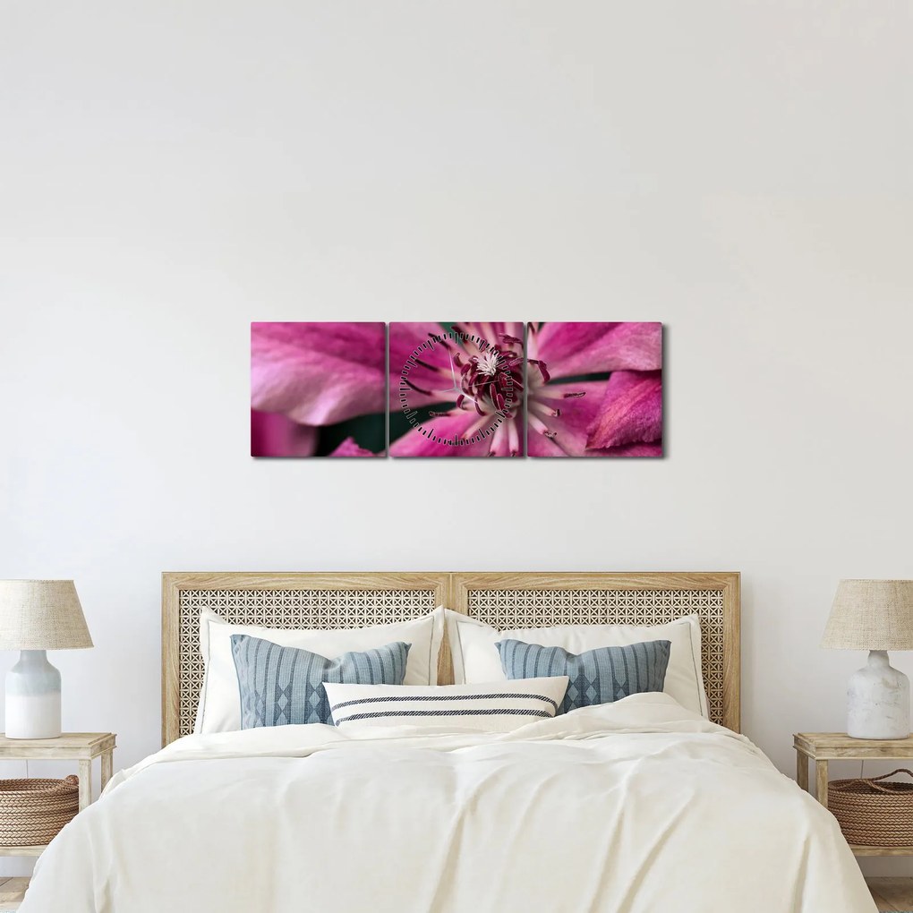 Obraz różowego kwiatu powojnika (z zegarem) (90x30 cm)