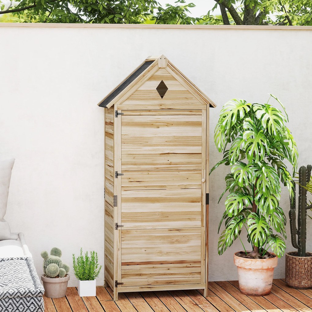 Outsunny Schowek Ogrodowy z 4 Półkami, Drewniany Schowek na Narzędzia, Wodoodporny Dach z Asfaltu, 80 x 49 x 170 cm, Jasnobrązowy