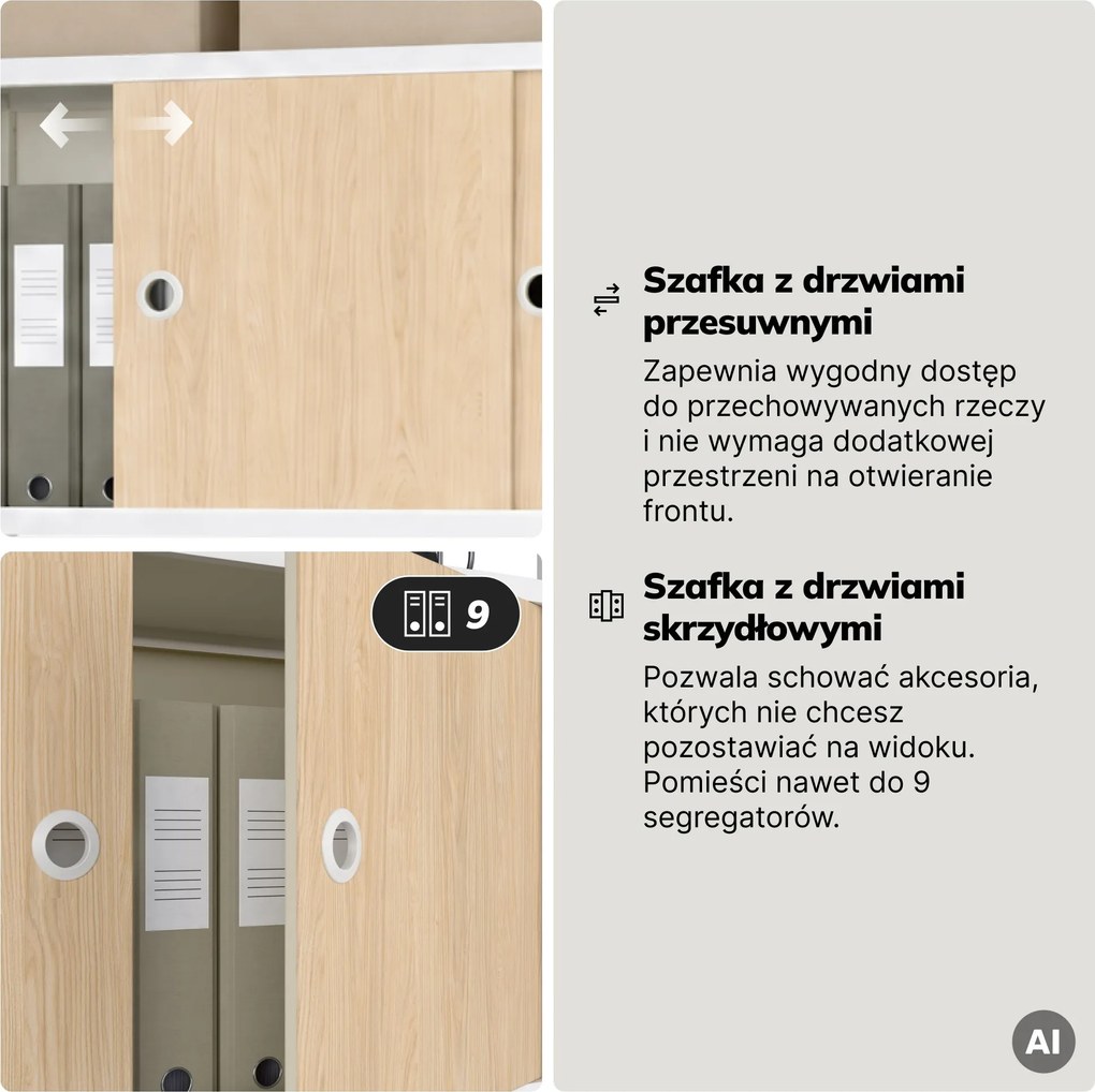 Regał na segregatory z szafką zamykaną, biurowy, otwarte półki, metalowy biały/dąb sonoma, 800x2200x400 mm: ARIEL Eco Design