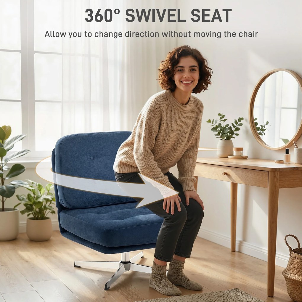 HOMCOM Obrotowy fotel akcentowy, tapicerowany fotel do czytania z tkaniny chenille, szerokie siedzisko, sprężynowe poduszki i metalowe nogi, ciemnoniebieski | Aosom PL