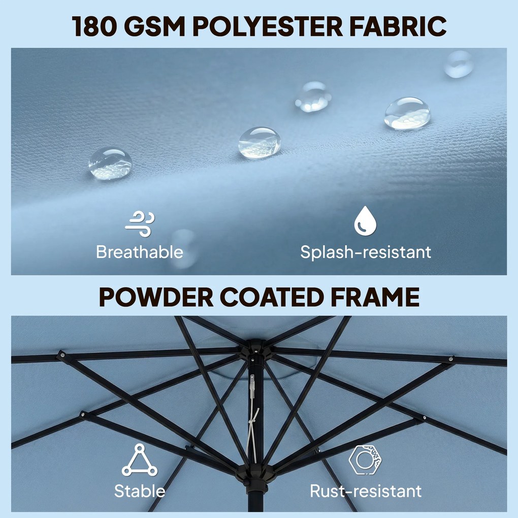 Outsunny Parasol ogrodowy okrągły balkonowy z 3-stopniową regulacją nachylenia, korbka, 8 żeber, Ø265 x 235H cm, jasnoniebieski | Aosom PL