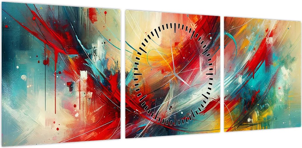 Obraz – Abstrakcja z czerwienią (z zegarem) (90x30 cm)