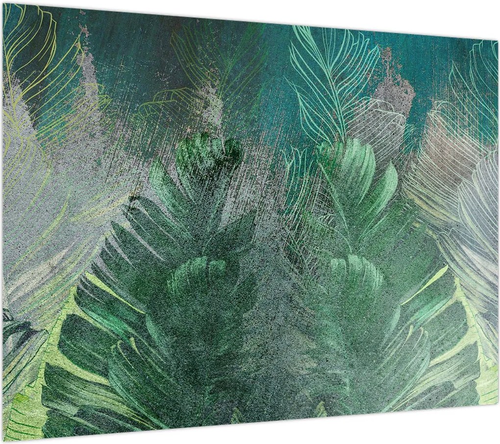 Obraz na szkle - Tekstura betonu z liśćmi (70x50 cm)