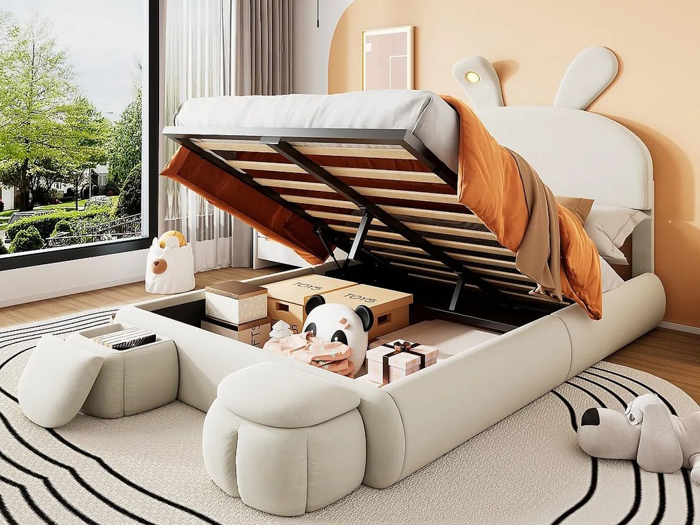 Łóżko dziecięce 140x200 cm tapicerowane welurem - uszy królika z regulowanym LED - z 2 taboretami do przechowywania - Beżowe