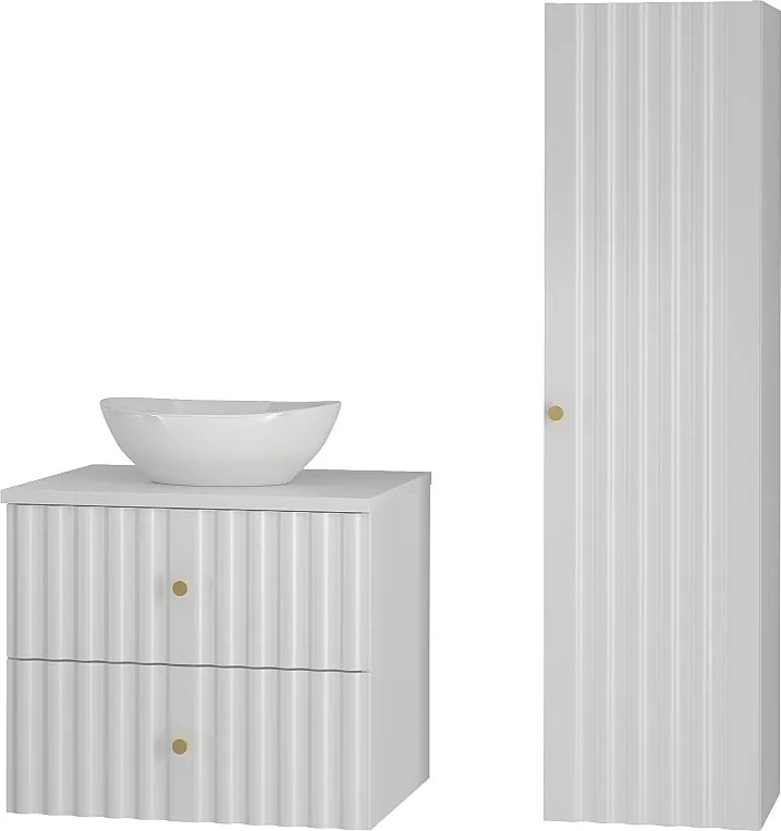 Biały Zestaw Łazienkowy 60cm Szafka z Blatem Umywalka Słupek Ryflowane Fronty Aqua