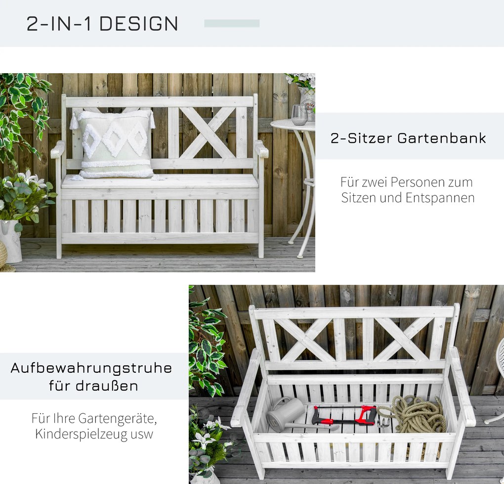 Outsunny ławka ogrodowa ze schowkiem 2-osobowa z poduszką biała drewniana skrzynia | Aosom PL