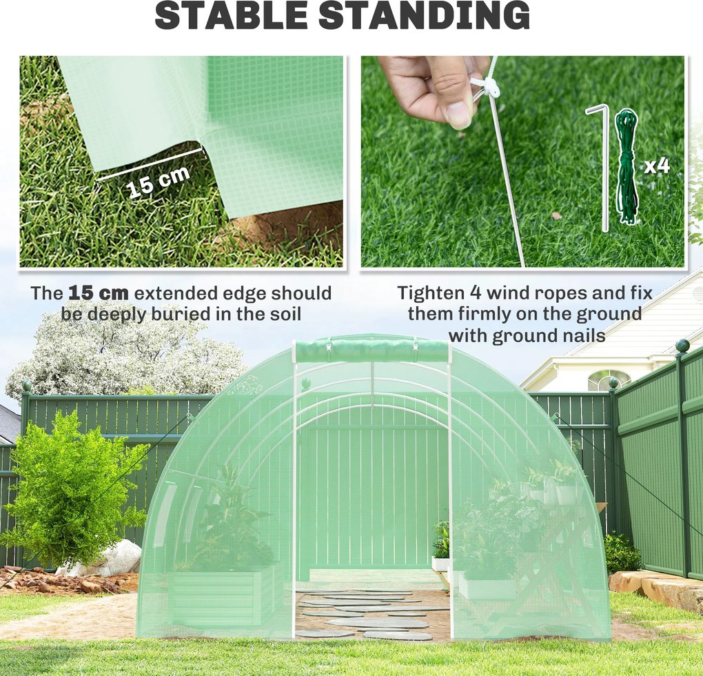 Outsunny Szklarnia Foliowa z 8 Oknami z Siatką przeciw Owadom Solidna Folia Stelaż Stalowy 6x3x2m Zielony | Aosom PL