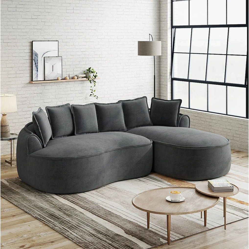 3-osobowa sofa narożna z poduszkami oparciowymi i głębokim siedziskiem, szenil, szara, narożnik lewostronny, 252x164x67 cm