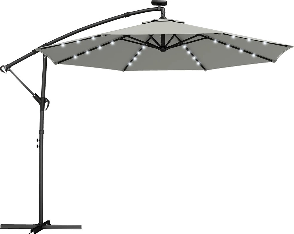 Outsunny Parasol ogrodowy LED solar Ø300 cm, obrotowy, z korbą, stojakiem i pokrowcem, jasnoszary | Aosom PL