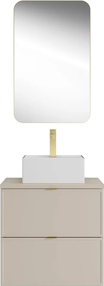 Wisząca szafka łazienkowa z nablatową umywalką kwadratową, baterią i lustrem - Beżowy - 60 cm - ONDIL