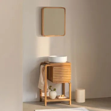 Zestaw Mebli Łazienkowych Z Drewna Tekowego Bradley Okrągły Ceramiczny Biały Ø40 Cm Lenka & Bez Kranu & ↔︎ 50 Cm & Prostokątny Z Zaokrąg - Sklum