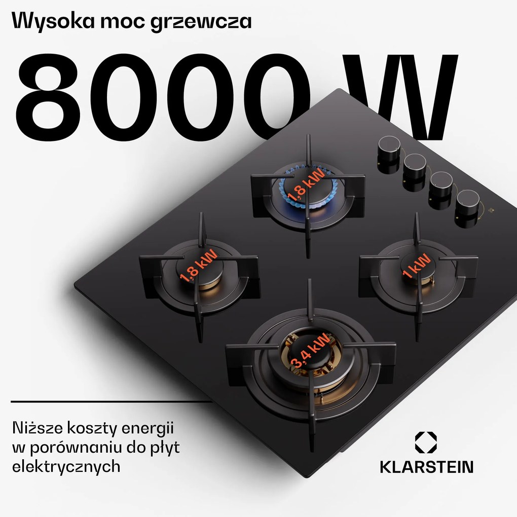 Klarstein Goldflame 60cm Płyta gazowa 4 palniki Czarny