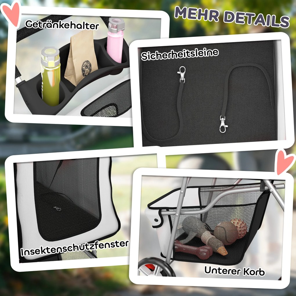 PawHut Wózek składany dla psów z odblaskowymi paskami, koszem na przechowywanie, poduszką dla małych psów do 10 kg, 77x44x102 cm, szary | Aosom PL