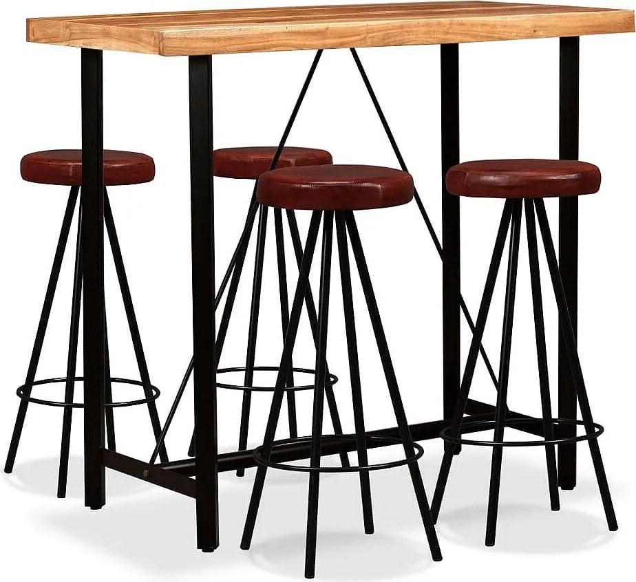 Zestaw Barowy Industrialny 5 szt. z Litego Drewna Akacjowego & Prawdziwej Skóry, Stół 120x60x107 cm + 4 Stołki Brązowe