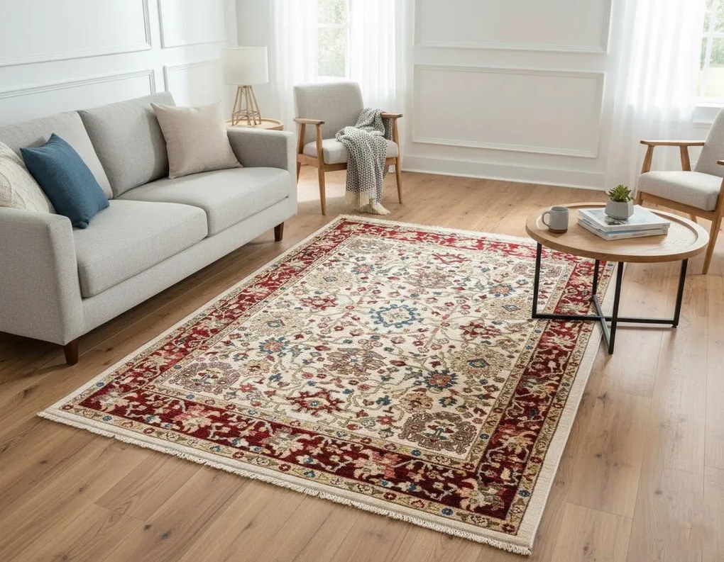 Prostokątny kremowy dywan z frędzlami P9-G92