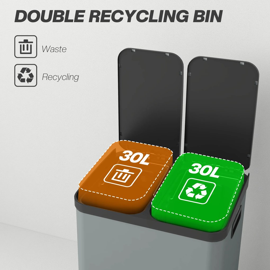 HOMCOM Śmietnik z podwójną komorą, 2 x 30L, odporny na odciski palców, pedał, wyjmowane wewnętrzne kosze, Szary