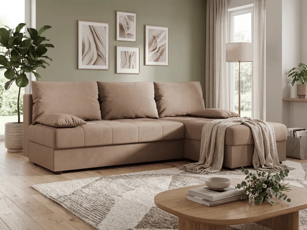Rozkładana narożna sofa VENORIA SLIM 200x143 cm, beżowa, uniwersalna + 2 poduszki GRATIS