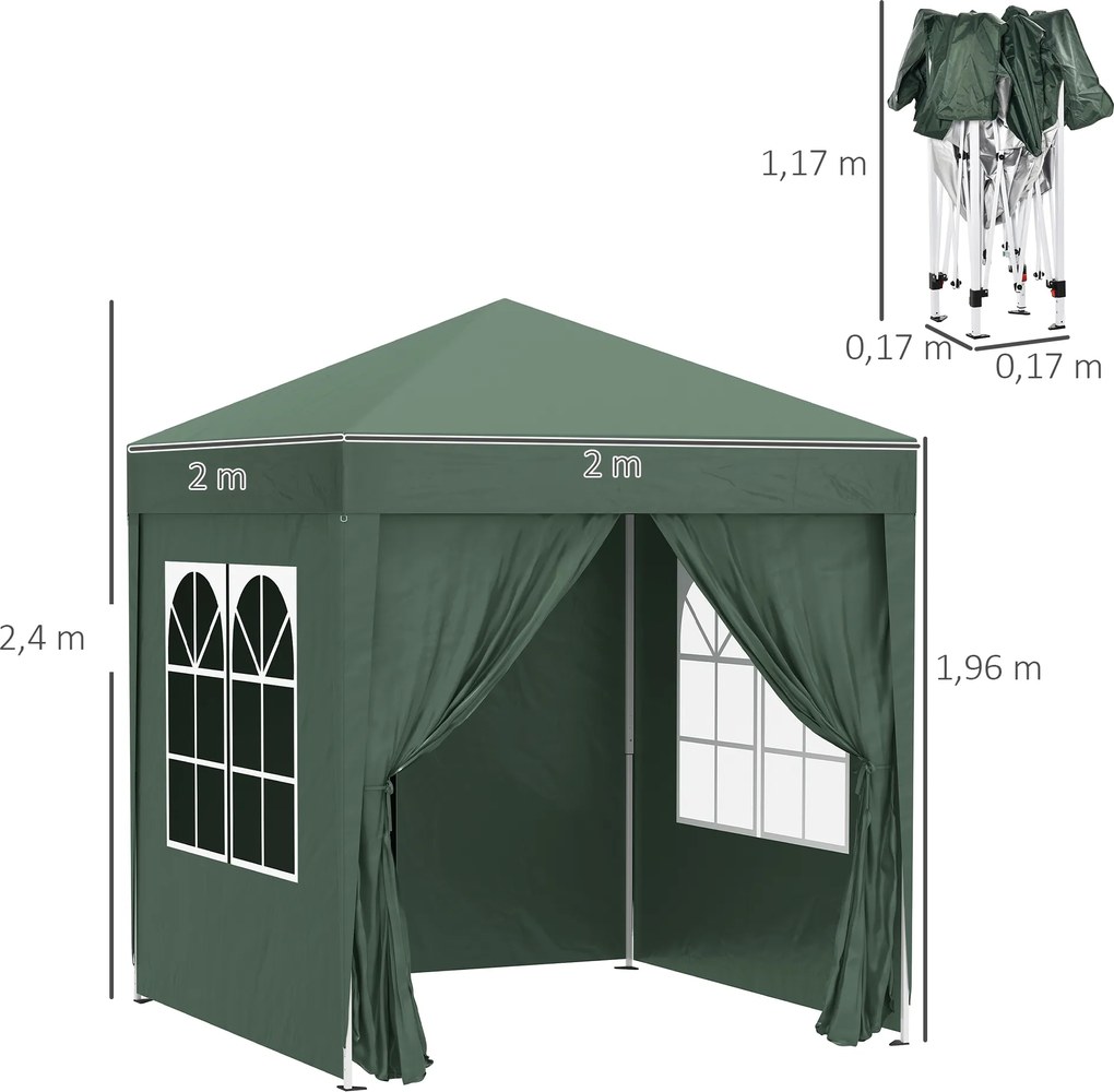 Outsunny Pawilon Składany 2x2m - 4 Ściany, 2 Okna, Stal, Ciemnozielony - Mobilny Cień na Działce