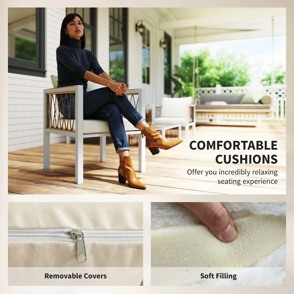 Outsunny Zestaw mebli ogrodowych 4-częściowy Polirattanowy zestaw wypoczynkowy z sofą, 2 fotelami, szklanym stolikiem, poduszkami i matami antypoślizgowymi | Aosom PL