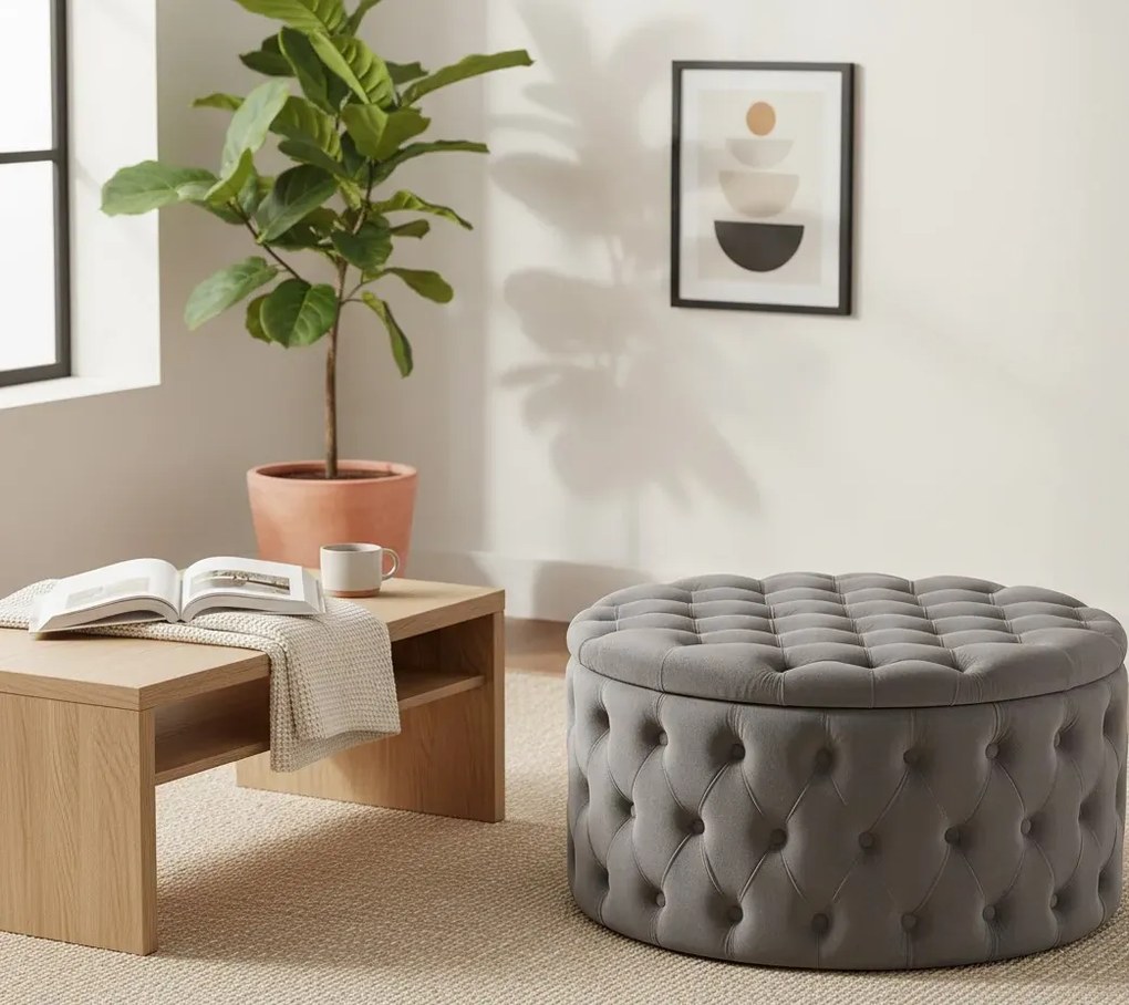 Popielata okrągła pikowana pufa ze schowkiem Z4-L66