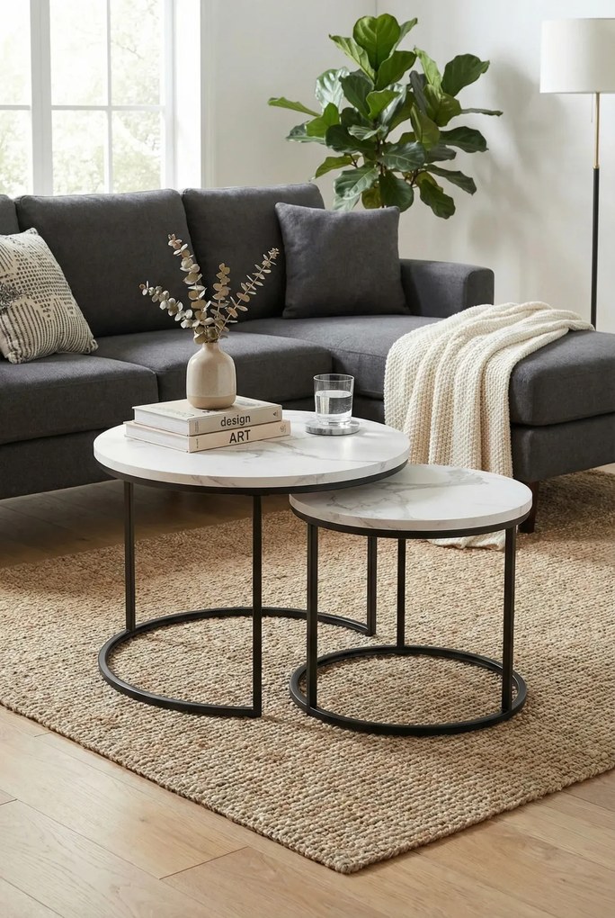 Okrągły zestaw stolików kawowych biały marmur S5-N76