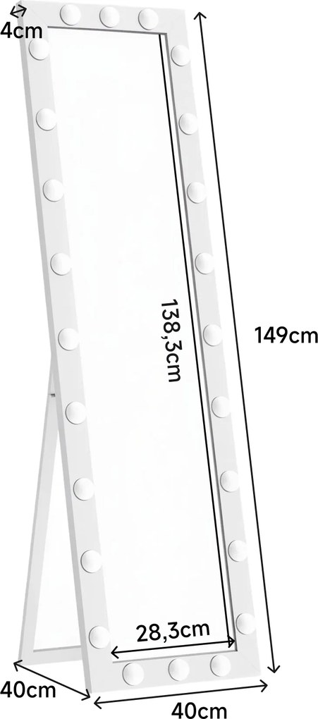 HOMCOM Lustro całopostaci 150x40 cm Lustro LED z 24 żarówkami 3 barwy światła, wolnostojące, do oparcia lub montażu na ścianie Biały | Aosom PL