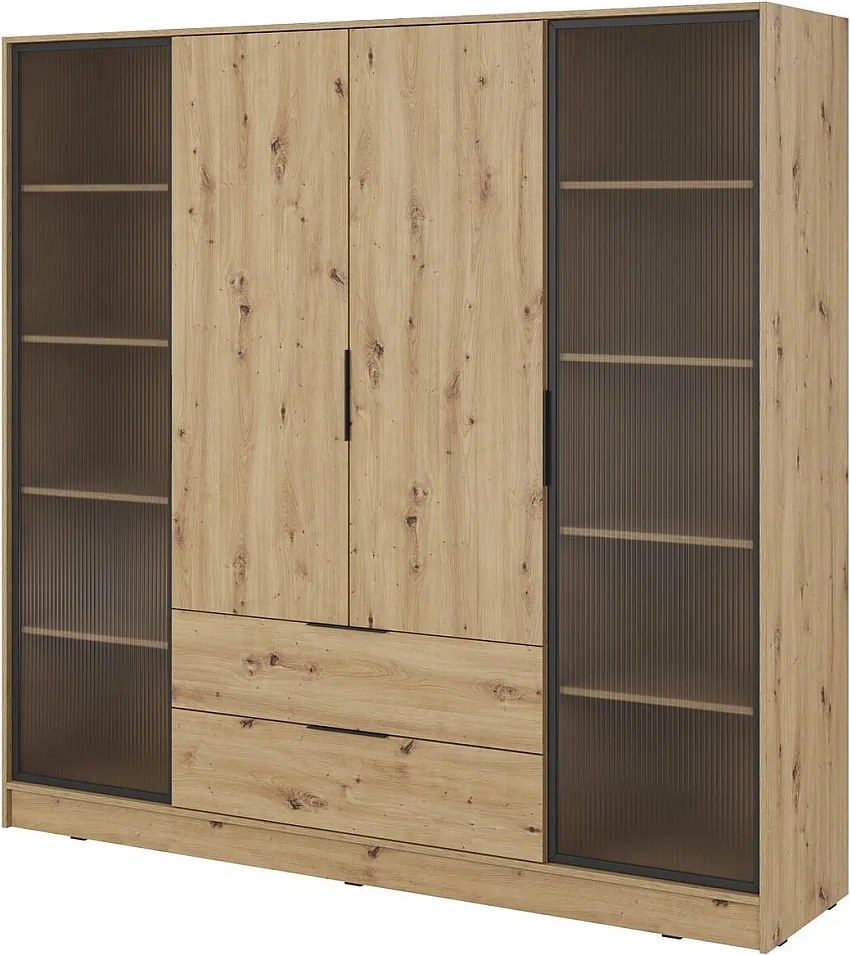 Szafa czterodrzwiowa 200 cm Kalma 4DRD z szybami, dwie szuflady - nowoczesna szafa otwierana - dąb Artisan