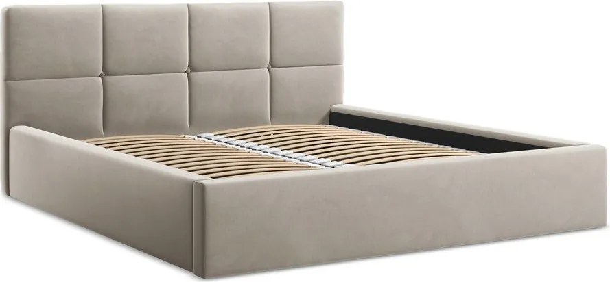 Szarobrązowe aksamitne tapicerowane łóżko dwuosobowe ze schowkiem ze stelażem 140x200 cm Hiko – Makamii