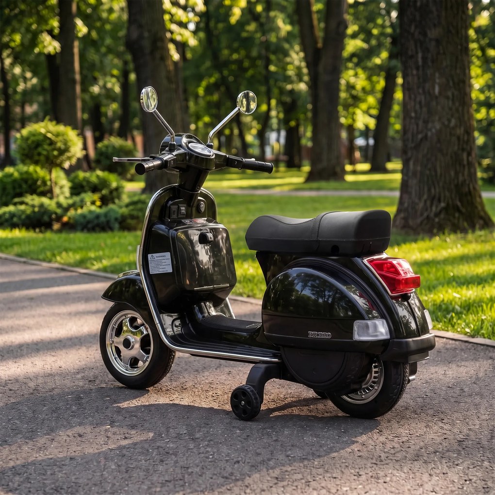 AIYAPLAY Elektryczny motocykl dziecięcy Vespa PX150 12V z akumulatorem litowym 35W 2 silniki 25° ograniczenie skrętu dla dzieci 3-6 lat | Aosom PL