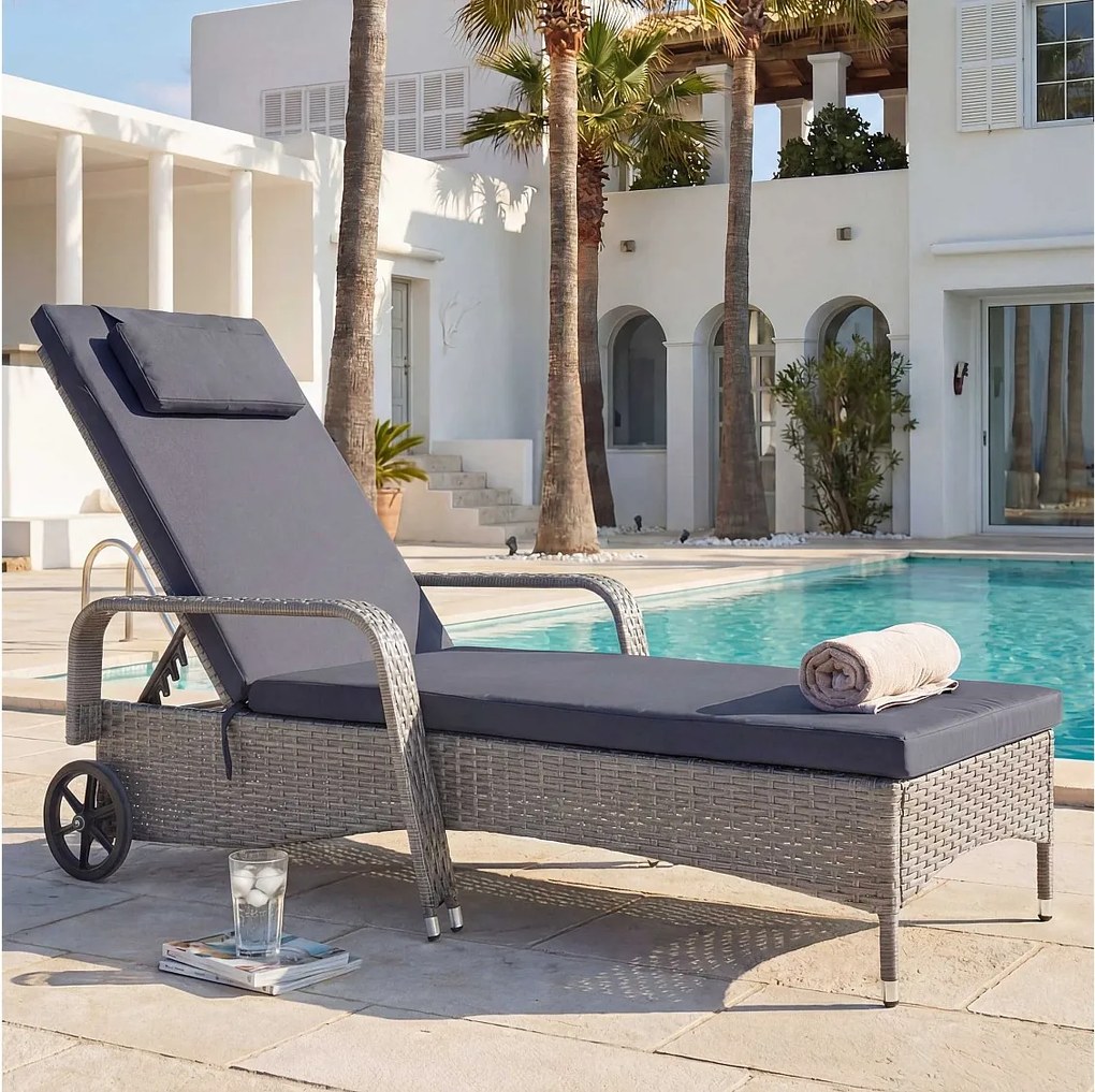 Leżak z polirattanowy Cesena,  szary, poduszka ciemnoszara